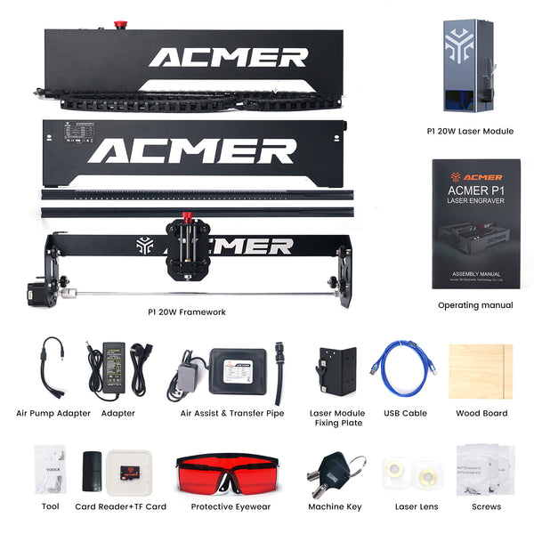 ACMER P1 20W Laser Engraving Cutting Machine Automatic Air-assist System APP Wifi Control Metal Wood Leather LaserCuttingMachine