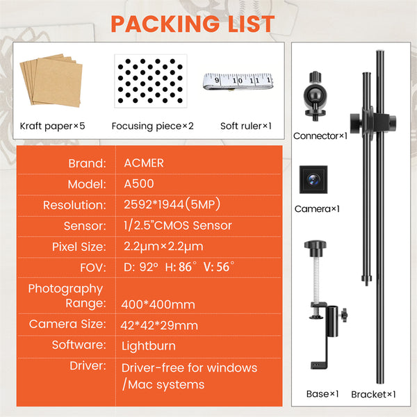 ACMER A500 Lightbrun Camera for ACMER XTOOL SCULPFUN Atomstack Ortur IKIER CREALITY TWO TREES COMGROW Laser Engraving Machine